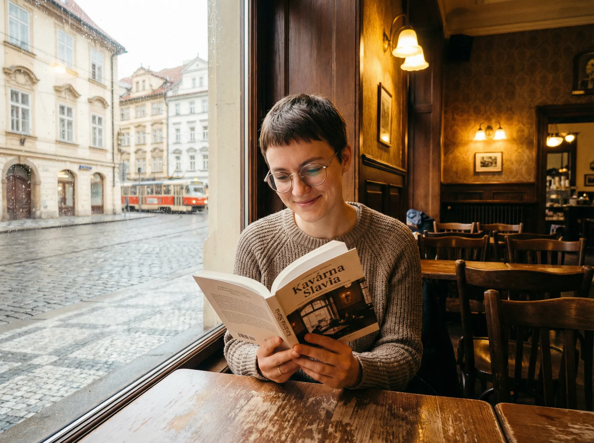 布拉格咖啡馆窗边阅读的女子 - 捷克街头 生活纪实